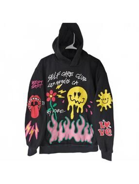 PacSun Hoodie Small Black Self Care Club Smile Flame Graphic Streetwear 22x26.5